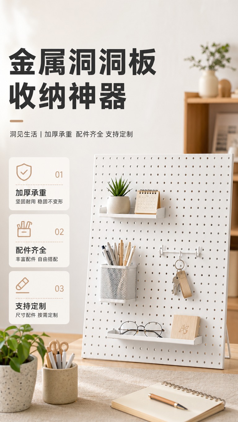 [商品] 使用【图1】白色金属洞洞板；保留方形板面、均匀圆孔阵… - 图片创意预览