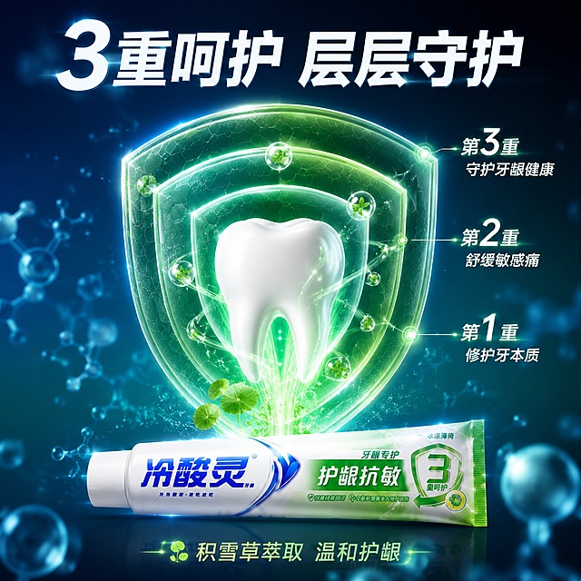 [主图-2] 冷酸灵牙膏3重呵护深度解析图，三重功效分层展示，抖音爆款风格。
[氛围风格] 专业科技解析风，分层结构清晰，信息可视化有说服力。
[画质] 超高清3D渲染质感、光线柔和通透、结构清晰真实、画面干净高级。
[元素] 画面中央为一颗3D立体洁白牙齿，牙齿周围有三层绿色透明保护罩，从内到外分别代表3重呵护，每层都有发光的边缘。最内层防护罩旁标注"第1重 修护牙本质"，中间层标注"第2重 舒缓敏感痛"，最外层标注"第3重 守护牙龈健康"。每层防护罩之间有细小的积雪草精华分子在流动。牙齿下方放置冷酸灵护龈抗敏牙膏1支，管口有精华向上输送到牙齿和防护罩，形成成分供给的视觉效果。保持牙膏外观与输入产品图绝对一致，杜绝任何变形和色差。背景为深邃的渐变蓝绿色，有淡淡的科技光点和分子结构漂浮。画面顶部一行大字"3重呵护 层层守护"。画面底部小字"积雪草萃取 温和护龈"。画面满屏无边框，科技感强。
[光影] 3D立体光影，牙齿和防护罩有通透的发光效果，每层都有不同的绿色光泽，背景有科技光点，整体专业清晰有层次感。
[配色] 主色调科技蓝绿+白色，辅助色三层渐变绿（浅绿到深绿），文字白色或浅绿色。
[视角构图] 正面平视中心构图，牙齿和三层防护罩为视觉中心，牙膏在下方支撑，画面垂直分层清晰，视觉动线明确。
[文字版式] 顶部中央主标题"3重呵护 层层守护"，白色大号粗体字。三层防护罩右侧各有一行标注文字，白色中号字体，带数字序号。底部品牌成分小字，浅绿色小号字体。文字清晰可读，不遮挡主体。
[输出要求] 1:1比例，文字清晰可辨，超高清3D渲染质感。
[负向提示词] 变形，文字错乱，产品图模糊，背景杂乱，水印，电商平台Logo，多余人物。