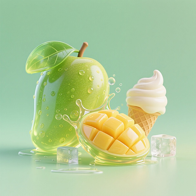 清新3D风格，轻拟物与液态风结合，展现夏日冰爽水果与冰淇淋的视觉盛宴。