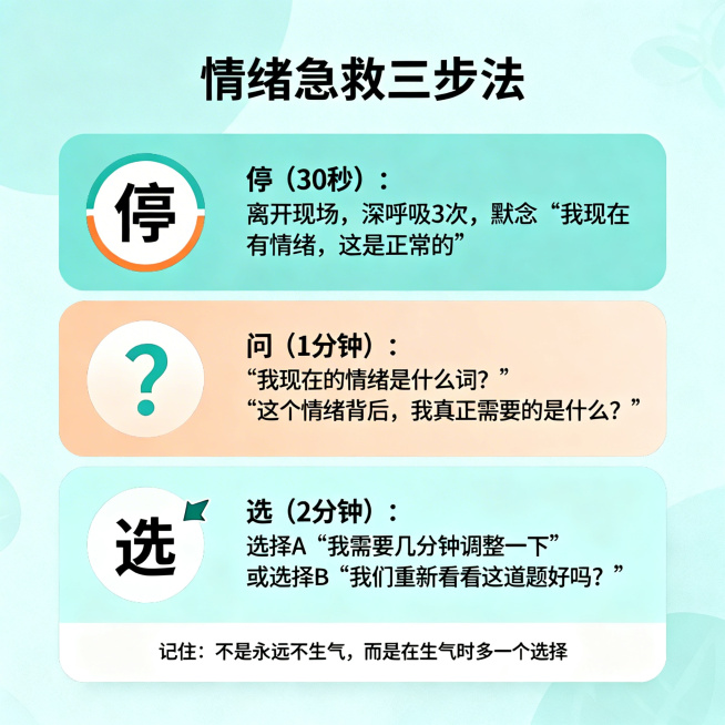 纵向卡片式布局的青少年心理辅导情绪急救三步法教学卡片，现代简约温馨治愈扁平化设计，主色调为柔和蓝绿色系搭配少量橙色强调色。顶部居中是清晰易读的标题“情绪急救三步法”。中间分三个步骤区域，每个步骤用不同预览效果