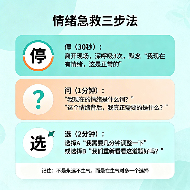纵向卡片式布局的青少年心理辅导情绪急救三步法教学卡片，现代简约温馨治愈扁平化设计，主色调为柔和蓝绿色系搭配少量橙色强调色。顶部居中是清晰易读的标题“情绪急救三步法”。中间分三个步骤区域，每个步骤用不同柔和背景区分：第一步“停”区域，左侧是现代感简洁暂停符号图标，右侧文字“停（30秒）：离开现场，深呼吸3次，默念‘我现在有情绪，这是正常的’”；第二步“问”区域，左侧是现代感简洁问号图标，右侧文字“问（1分钟）：‘我现在的情绪是什么词？’‘这个情绪背后，我真正需要的是什么？’”；第三步“选”区域，左侧是现代感简洁选择箭头图标，右侧文字“选（2分钟）：选择A‘我需要几分钟调整一下’或选择B‘我们重新看看这道题好吗？’”。底部是小字“记住：不是永远不生气，而是在生气时多一个选择”。整体文字排版清晰层次分明，留白充足视觉舒适，专业温暖不冰冷幼稚