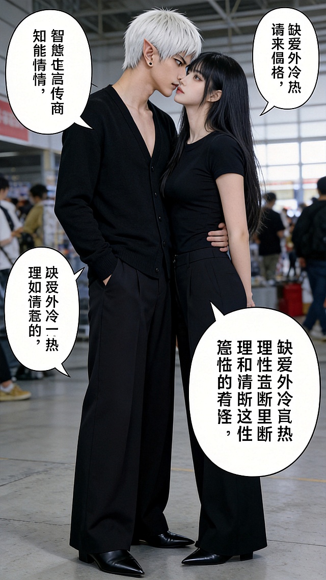 图一白发精灵耳男性和图二黑发女性亲密接触，两人随机更换衣服，添加中文对话气泡，更换随机背景，保持图一人物高智情商、理性随和沉稳温柔的性格，图二缺爱外冷内热、理性独断包容感性的性格，照片写实质感