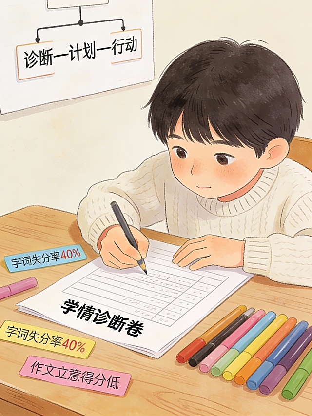 温馨书桌场景，孩子正在填写《学情诊断卷》，旁边放着彩色笔标注的“字词失分率40%”“作文立意得分低”等标签；背景墙上贴有“诊断—计划—行动”流程图。风格：手绘插画，柔和色调。