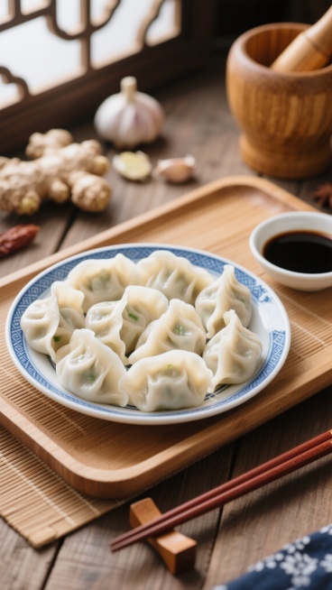 一盘饱满的水饺，饺子皮洁白半透明，隐约可见内馅，整齐摆放在蓝白相间的瓷盘中，瓷盘置于木质托盘上，托盘放在竹制餐垫上。旁边有一小碗深色酱油，一双红棕色筷子放在木质筷架上，背景有生姜、大蒜和木质捣蒜臼，整体色调温暖，光线柔和，营造出家常、温馨的氛围，高分辨率食物摄影，细节清晰，质感真实，突出水饺的美味与质朴。预览效果