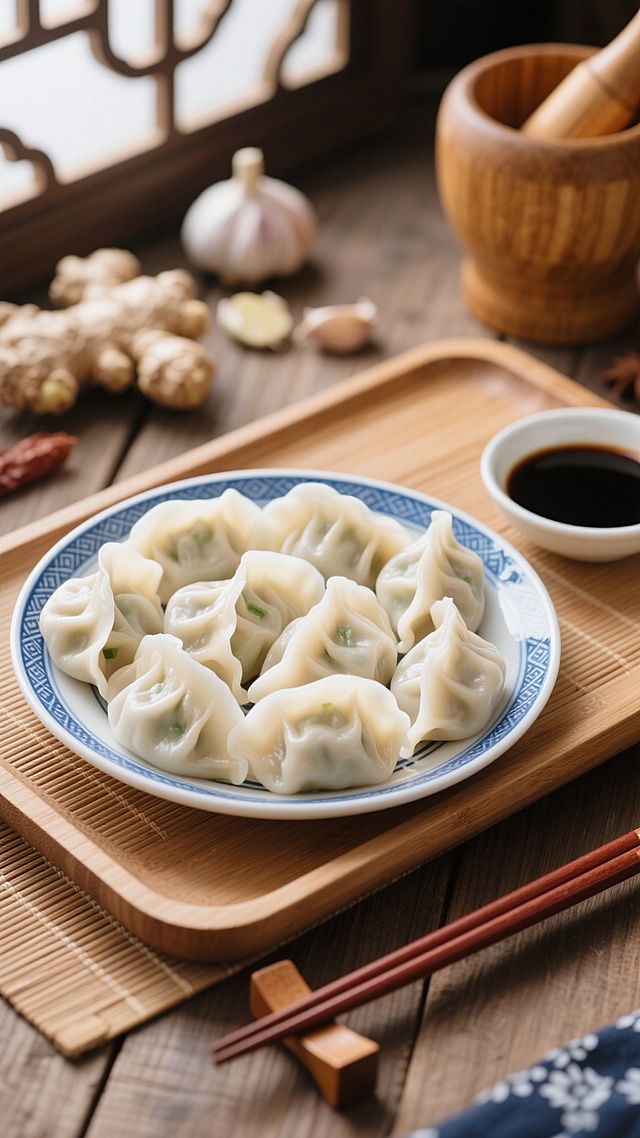 一盘饱满的水饺，饺子皮洁白半透明，隐约可见内馅，整齐摆放在蓝白相间的瓷盘中，瓷盘置于木质托盘上，托盘放在竹制餐垫上。旁边有一小碗深色酱油，一双红棕色筷子放在木质筷架上，背景有生姜、大蒜和木质捣蒜臼，整体色调温暖，光线柔和，营造出家常、温馨的氛围，高分辨率食物摄影，细节清晰，质感真实，突出水饺的美味与质朴。