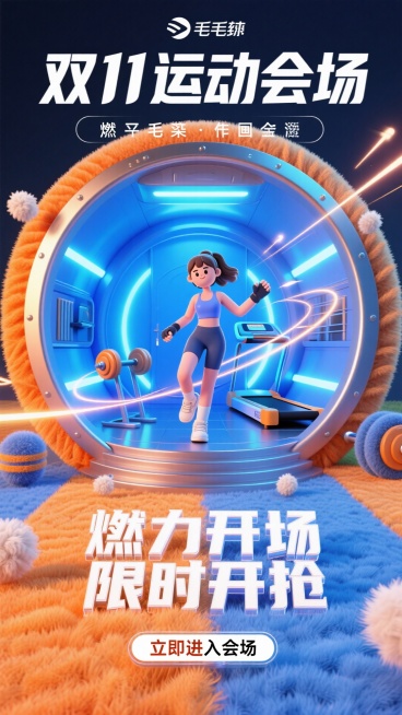 3D 风格弹圈，画面中心是一座巨大健身运动舱，蓝橙渐变金属材质，内部可见蓝色能量光条、哑铃支架、跑步机，运动舱中央是 3D 运动女孩，穿紧身运动背心与手套，漂浮速度线烘托动感氛围，前景为标题 “双 1预览效果
