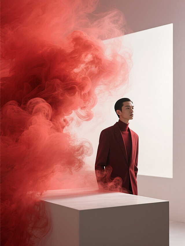 背景有大片如红色烟雾般晕染开的红色效果，少量留白。整体时尚富有艺术感。
