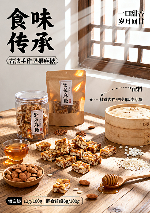 暖调中式复古美食海报，窗边柔和自然光，丁达尔光影，浅棕木质桌面，商业产品摄影，8K超清写实。主体是透明罐、自立袋、纸盒装坚果麻糖，散落切块麻糖、杏仁、白芝麻、蜂蜜、木勺、竹蒸笼。左上角品牌大字标题+副标题，右上角slogan，配料引线标注，左下角营养成分框，大地暖棕米白配色，干净高级，细节细腻，a4竖版