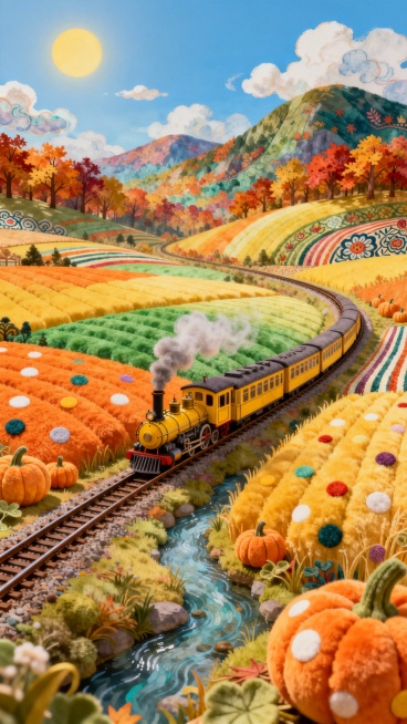 毛绒质感立体插画,以库淑兰风格绘制，融合宫崎骏，莫奈的调色盘，池田学，鸟山明。充满了浓厚的民俗艺术气息，运用大量独特的图案和鲜艳的色彩组合，神秘，色彩斑斓的田园风光插画，波点艺术。画面中，广阔的农田以预览效果