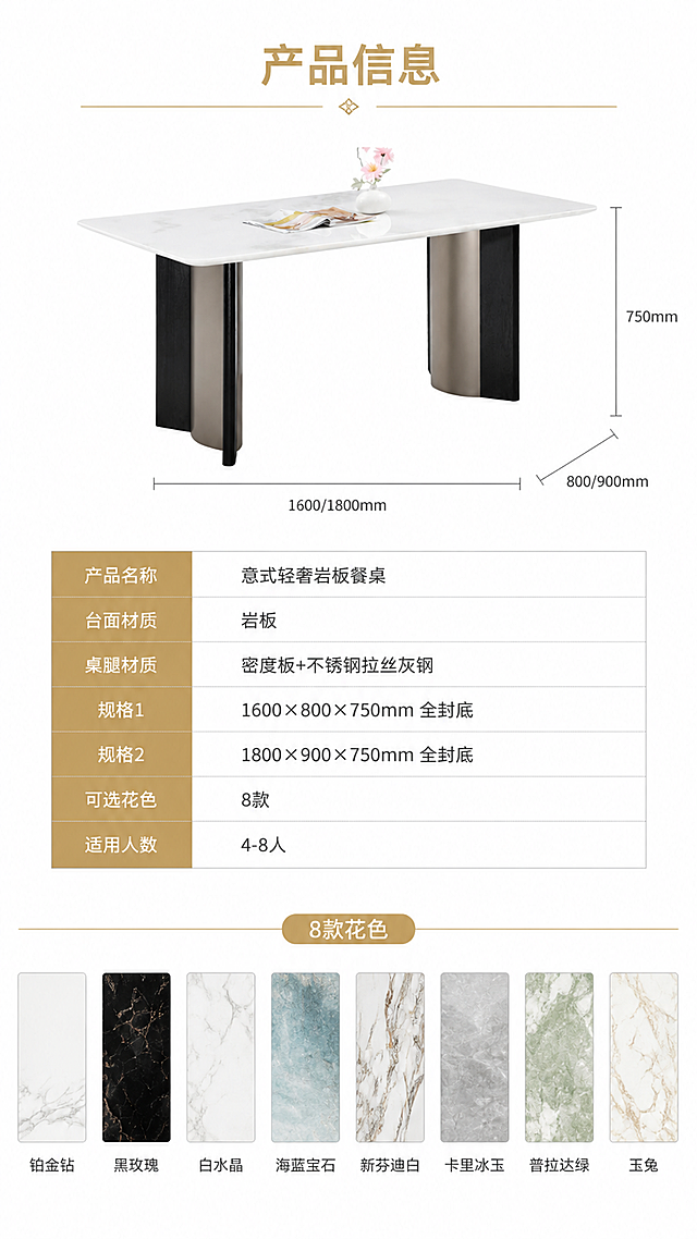 [第8张] 详情页产品信息页-规格参数表+8款花色色卡总览。本张使用【图1】作为产品示意，桌面花色为白水晶。
[氛围/风格] 简约专业参数页，清晰规整，信息一目了然，白底简洁风。
[元素布局] 上半部分为餐桌产品正视图（白水晶花色），下方引出尺寸标注线；中间部分为规格参数表，清晰列出各项参数；下半部分为8款岩板花色色卡横排展示；整体版式规整，信息层级清晰。
[光影质感] 均匀柔光，产品清晰，无强烈阴影，参数表区域干净明亮。
[配色色系] 全局底色 #FFFFFF（纯白）；主色白水晶岩板+灰钢金属色；辅助色深灰文字、浅灰表格线、金色表头强调。
[视角构图] 正面平视角度，上产品中参数下花色，竖向三段式布局，阅读动线从上至下。
[文字版式] 顶部标题「产品信息」；参数表包含：产品名称（意式轻奢岩板餐桌）、台面材质（岩板）、桌腿材质（密度板+不锈钢拉丝灰钢）、规格1（1600×800×750mm 全封底）、规格2（1800×900×750mm 全封底）、可选花色（8款）、适用人数（4-8人）；底部8款花色小色卡+色名横排：铂金钻、黑玫瑰、白水晶、海蓝宝石、新芬迪白、卡里冰玉、普拉达绿、玉兔。
[比例分辨率] 9:16 竖版比例，4K分辨率，文字清晰可辨，高清画质。
[负向提示词] 参数错误，花色名称错误，水印，文字过小，表格错乱，产品变形。