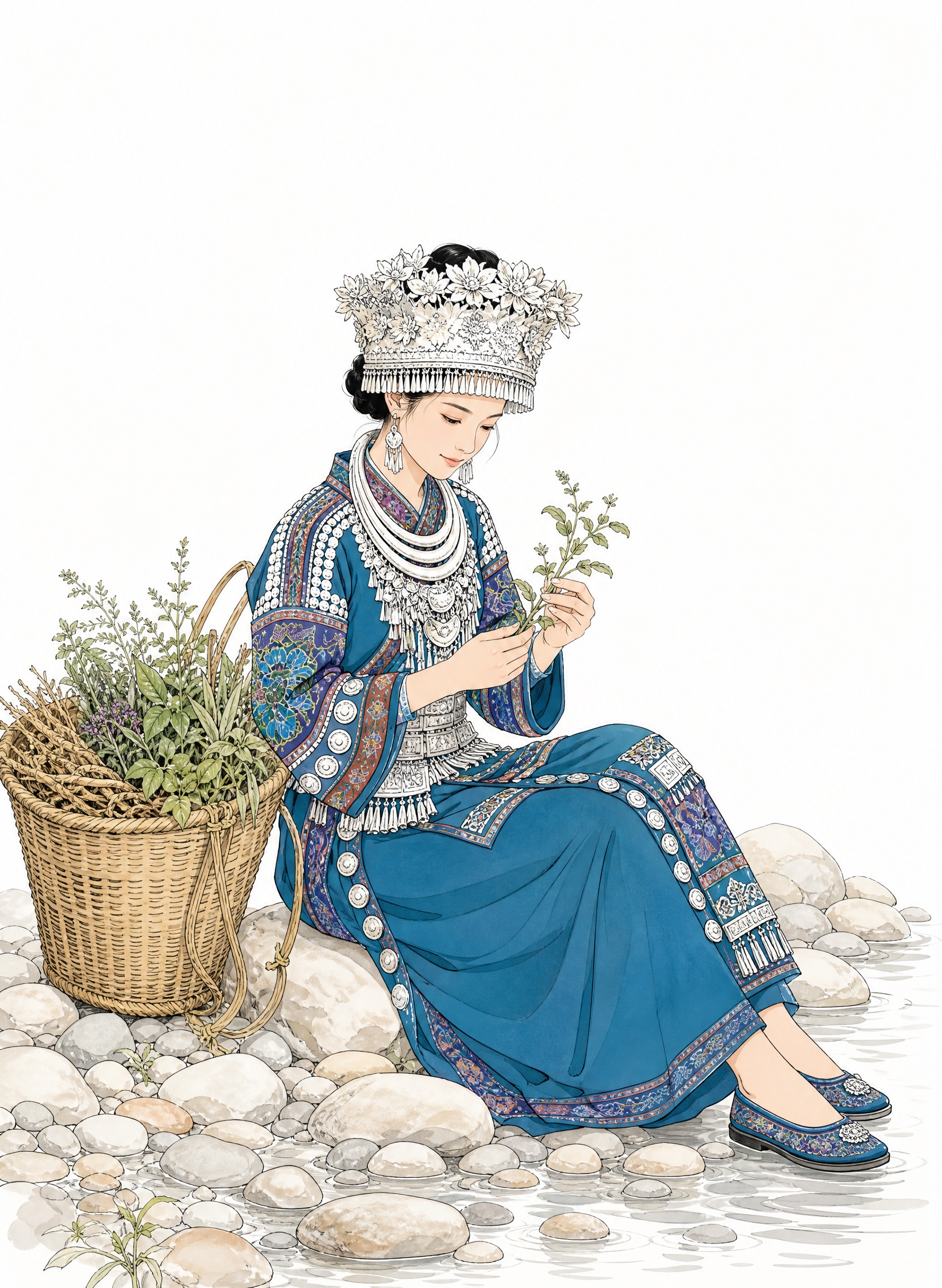 参考图中的国风水彩线描插画风格，苗族少女坐在河边鹅卵石上，头戴… - 图片创意预览