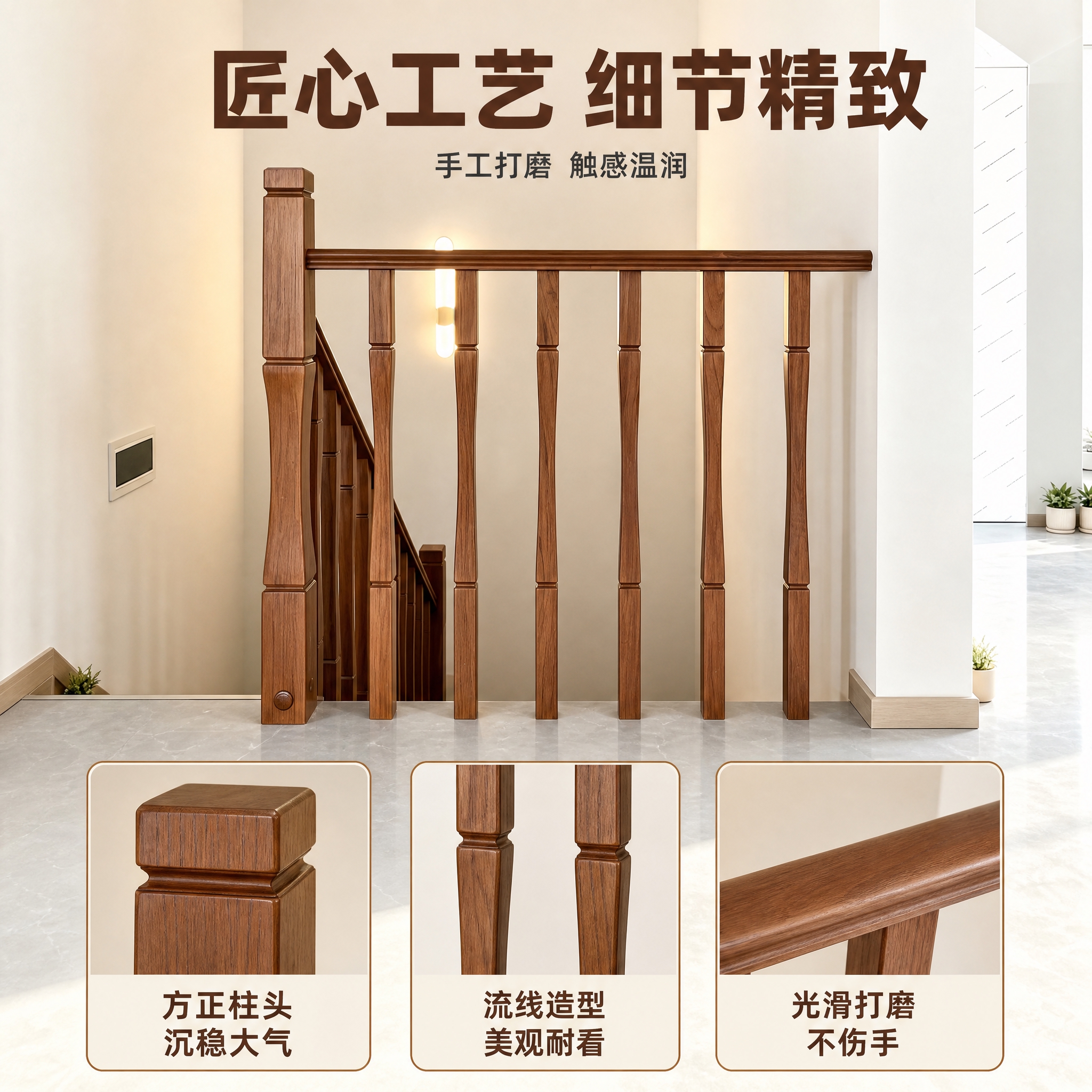 [主图-3] 实木楼梯护栏工艺细节展示，突出栏杆立柱精致工艺、… - 图片创意预览