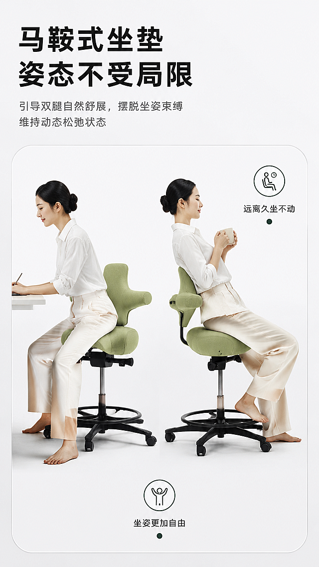 [商品] 使用【图18】限定绿羊毛款工学骑马椅；保留十字形靠背、马鞍坐垫、黑色五星脚、脚踏圈、整体结构比例与限定绿羊毛面料纹理。
[画面] 目标：马鞍式坐垫卖点页，展示坐姿自由。上文下图构图，顶部约1/4文案区，下方圆角矩形框内左右双姿态对比：左侧人物跨坐前倾姿态，右侧人物侧身倚靠姿态，均为亚洲女性，赤脚，穿白衬衫米色长裤。产品占画面约60%。纯白极简影棚背景。
[视觉] 套系策略：风格=北欧简约高级商业摄影；标题字=现代无衬线粗黑体；正文字=简洁无衬线体；主色=限定绿+纯白；背景延展=基于纯白/浅灰做渐变层级；强调色=深墨绿，仅用于小图标和圆点标签；标题色=炭黑色；正文色=暖灰色；组件=圆角矩形框、空心圆标签；光影=前侧柔和自然光。
[文字] 顶部：主标题"马鞍式坐垫 姿态不受局限"（两行大字），副标题两行"引导双腿自然舒展，摆脱坐姿束缚""维持动态松弛状态"。下方图内右侧标注"远离久坐不动"，下方标注"坐姿更加自由"。文字均为横排。
[规格] 图片比例9:16竖版，4K，负向：变形、错字、文字过小、颜色改变、结构失真。