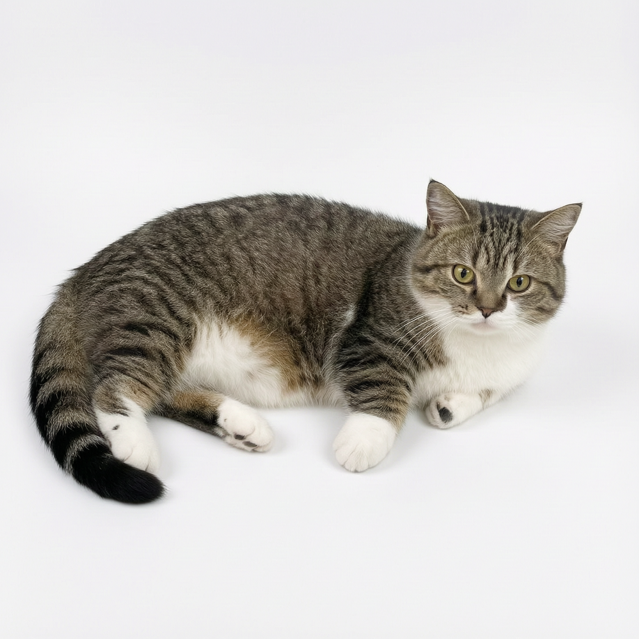 对图中的猫咪进行精修，保持猫咪的角度和姿态不变，背景替换为纯白… - 图片创意预览
