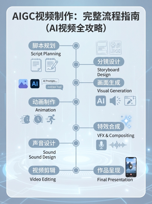 「图片1」「图片1」「图片1」「图片1」AIGC 视频制作怎么学？先从 3 个方向了解
近几年，很多人都在重新梳理自己的技能方向。
如果你本身关注影视、广告、新媒体、短视频或数字内容创作，AIGC 视预览效果