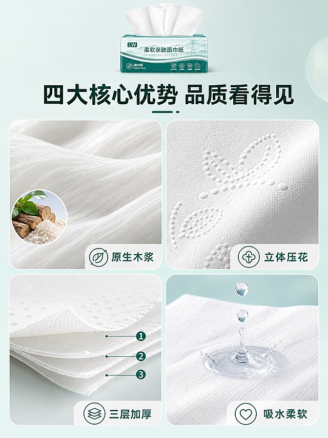 [商品] 使用【图1】DT100国网商城柔软亲肤面巾纸；保留包装外观、颜色、Logo、文字和图案，产品比例结构不变。四宫格中每格展示产品的一个卖点细节，均基于本品真实特征。
[画面] 第3张·结构解析，目标展示四大核心卖点，四宫格细节型构图，2×2拼图。每格约占画面40%，格间有白色间距。左上格：原生木浆 - 展示洁白细腻的纸巾纤维特写，旁边有木浆原料的示意元素。右上格：立体压花 - 微距展示纸巾表面蝴蝶、叶子形状的立体压花纹理，光影突出凹凸感。左下格：三层加厚 - 纸巾侧面剖面视角，清晰展示三层结构的厚度对比。右下格：吸水柔软 - 水滴落在纸巾表面被迅速吸收的瞬间，体现吸水性。画面顶部有产品小图作为参照，背景为浅蓝绿色柔和渐变。
[视觉] 套系策略：风格=洁净通透温馨居家商业摄影；标题字=粗黑体；正文字=常规黑体；主色=墨绿+浅蓝绿；背景延展=基于浅蓝绿做深浅层级渐变与柔和光晕；强调色=墨绿色，仅用于标题、图标和引线；标题色=深墨绿色；正文色=深灰色；组件=圆角四宫格、编号标签、简约图标；光影=每格独立打光，突出材质细节质感。
[文字] 顶部大标题"四大核心优势 品质看得见"，粗黑体深墨绿色。四宫格每格右下角有编号和短标题："01 原生木浆"、"02 立体压花"、"03 三层加厚"、"04 吸水柔软"，白色底墨绿色字的圆角标签。
[规格] 图片比例3:4竖版，2K，避免变形、错字、文字过小、纹理模糊。负向：极限词、虚假宣传、平台Logo、水印。