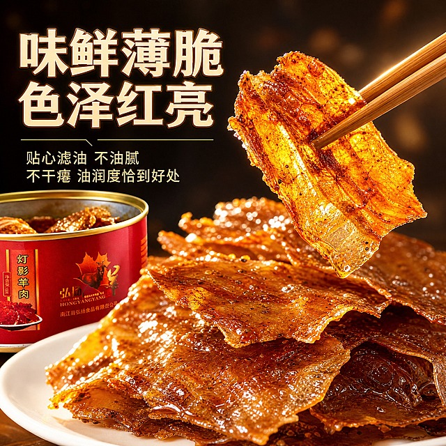 [主图-3] 细节与口感：微距特写灯影羊肉片的薄脆质感与油亮色泽，突出味鲜薄脆、色泽红亮。
[统一基调] 淘宝/天猫食品主图风格，专业品质感，暖色调食欲风；背景主色为深棕黑+暖光；标题字色为米白+金黄描边；辅助字色为浅金；强调色为中国红；字体为粗黑体主标题+细黑体辅助文；卡片用圆角半透明深红底；整体有自然暖阳逆光质感。
[画面] 画面中心为微距特写的数片灯影羊肉，堆叠在白色瓷盘上，肉片色泽红亮、油润有光泽，表面布满细密的香料颗粒，纹理清晰可见。一片羊肉被筷子从上方轻轻夹起，呈现半透明状态，能清晰看到肉片的纤维纹理和透光效果，油光在灯光下闪闪发亮。画面左下角露出半罐打开的弘扬牌灯影羊肉罐头（保持原图红色罐身外观），罐内装满羊肉片，罐口有金属光泽。背景为深棕色虚化处理，有暖光光斑点缀，突出主体肉片的细节质感。
[光影质感] 商业美食微距摄影质感，暖光侧逆光从右上方照射，肉片表面油亮反光，边缘有金色光晕，突出薄脆通透的质感，整体光影层次丰富，极具食欲诱惑。
[配色] 主色油亮红棕+暖金+米白，背景深棕虚化；文字米白配金黄描边，强调色正红。
[文字版式] 画面左上方大标题：「味鲜薄脆 色泽红亮」，粗黑体，字号大，米白色带浅金描边；下方两行小字：「贴心滤油 不油腻」「不干瘪 油润度恰到好处」，细黑体，浅金色，字号约为标题的40%。文字左上方排列，不遮挡肉片主体。
[输出要求] 1:1正方形，高清画质，肉片纹理清晰，产品不变形，文字清晰可读；禁止出现平台Logo、水印、二维码、极限词；禁止肉片模糊、颜色发暗、质感差、错字。