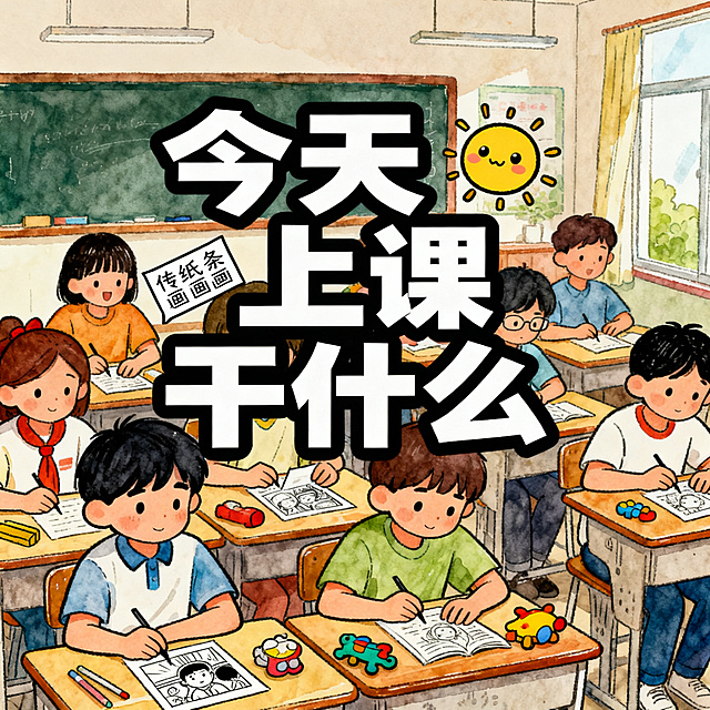 有趣可爱的手绘风格海报，画面主体是教室上课场景，学生们在偷偷做着和上课无关的有趣事，画面显眼位置配有文字"今天上课干什么"，整体风格俏皮幽默，色彩鲜艳明快，卡通插画质感