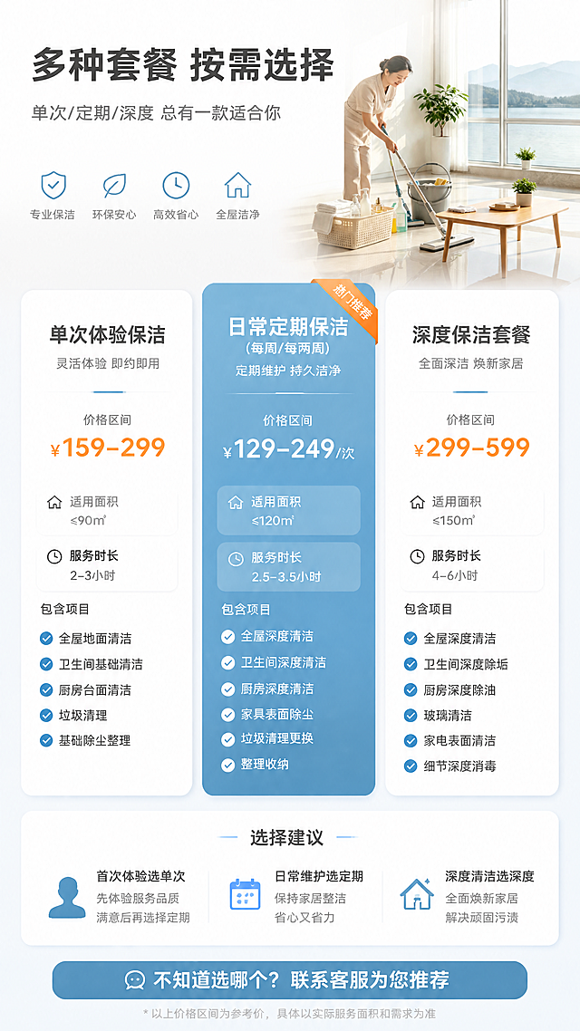 [第8张] 详情页套餐规格-不同保洁套餐对比。本张使用【图1】场景元素作为装饰参考。
[氛围/风格] 表格卡片对比风，清晰直观，京东专业严谨风格，信息层级分明。
[元素布局] 顶部标题区；中部三个套餐卡片横向排列或纵向堆叠，分别为：单次体验保洁、日常定期保洁（每周/每两周）、深度保洁套餐；每个卡片有套餐名称、价格区间、适用面积、服务时长、包含项目；底部有选择建议。
[光影质感] 均匀平面光，卡片有轻微悬浮投影，层次分明，整体干净专业。
[配色色系] 全局底色 #F7F9FC 浅灰蓝；主推套餐卡片用蓝色渐变 #3498DB 到 #5DADE2 突出；其他套餐用白色卡片；文字深灰 #333333；价格用橙色 #E74C3C 突出。
[视角构图] 卡片式纵向排列或三列横向布局，阅读动线顶部标题 → 中部套餐对比 → 底部选择指南。
[文字版式] 顶部主标题「多种套餐 按需选择」，粗黑体居中；副标题「单次/定期/深度 总有一款适合你」；每个套餐卡片内：套餐名称大字号，价格醒目，下方4-5项服务内容用勾选图标列出；主推套餐标「热门推荐」角标；底部「不知道选哪个？联系客服为您推荐」；文字清晰，价格突出，对比明确。
[比例分辨率] 9:16 竖版比例，4K 分辨率，文字清晰可辨，高清画质。
[负向提示词] 文字过小，表格错乱，水印，颜色偏差，京东logo或平台标识，虚假价格标识。