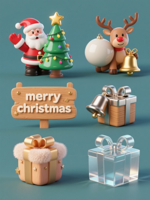 一套6个完全不同材质的圣诞系列3D立体素材集合，规整排布于纯色背景上。每个素材包含统一造型的圣诞元素组合：挥手的圣诞老人、装饰有金色星星和彩灯的圣诞树、戴着圣诞帽的驯鹿、礼物盒、铃铛、圣诞球和写着"merry christmas"的木牌。6种材质分别为：1. 光滑塑料，色彩鲜艳，表面有轻微反光；2. 哑光陶瓷，质感细腻，颜色饱和度较低；3. 金属质感，带有金属特有的光泽和冷硬感；4. 木质纹理……预览效果