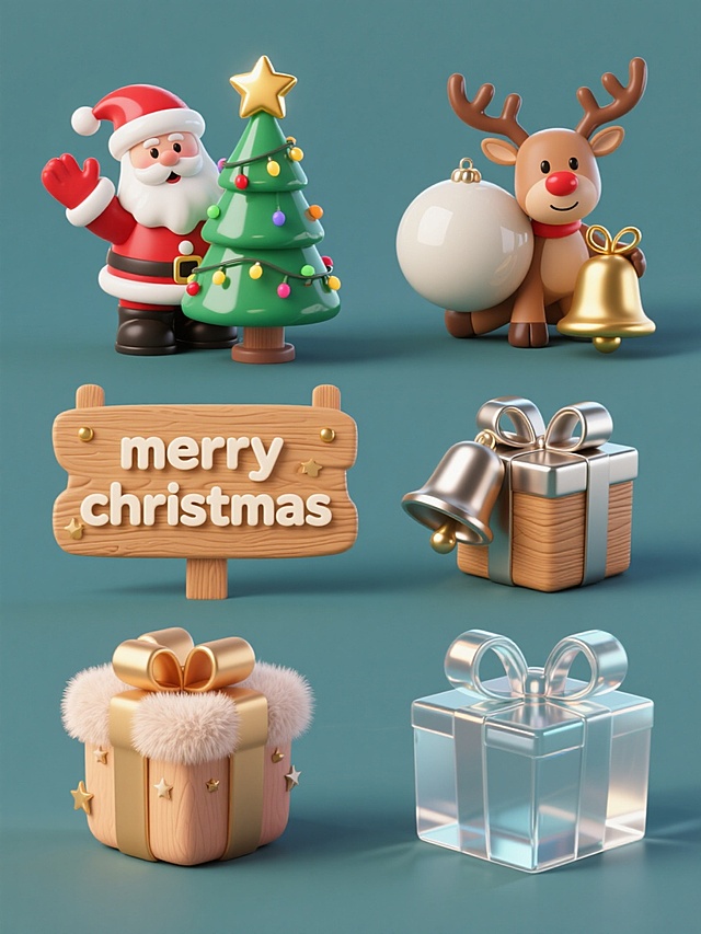 一套6个完全不同材质的圣诞系列3D立体素材集合，规整排布于纯色背景上。每个素材包含统一造型的圣诞元素组合：挥手的圣诞老人、装饰有金色星星和彩灯的圣诞树、戴着圣诞帽的驯鹿、礼物盒、铃铛、圣诞球和写着"merry christmas"的木牌。6种材质分别为：1. 光滑塑料，色彩鲜艳，表面有轻微反光；2. 哑光陶瓷，质感细腻，颜色饱和度较低；3. 金属质感，带有金属特有的光泽和冷硬感；4. 木质纹理，呈现自然的木纹和温暖色调；5. 柔软绒毛，表面有柔和的绒毛质感，色彩柔和；6. 透明玻璃，晶莹剔透，带有折射效果。整体保持3D立体风格，光影效果统一，元素造型一致，仅材质不同，形成系列感。