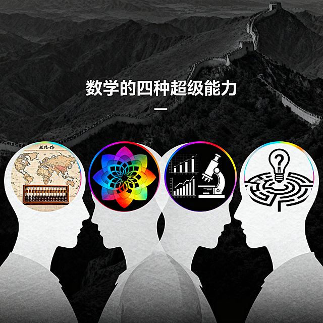 四个头像剪影，每个剪影内是不同的数学意象，第一个故事主题是丝绸之路地图加古代算盘，第二个艺术主题是分形几何图案加彩虹色渐变，第三个工具主题是数据图表加显微镜，第四个思考主题是问号灯泡加迷宫路径，画面中央有标题文字"数学的四种超级能力"，设计采用极简主义风格，运用负空间创造巧思