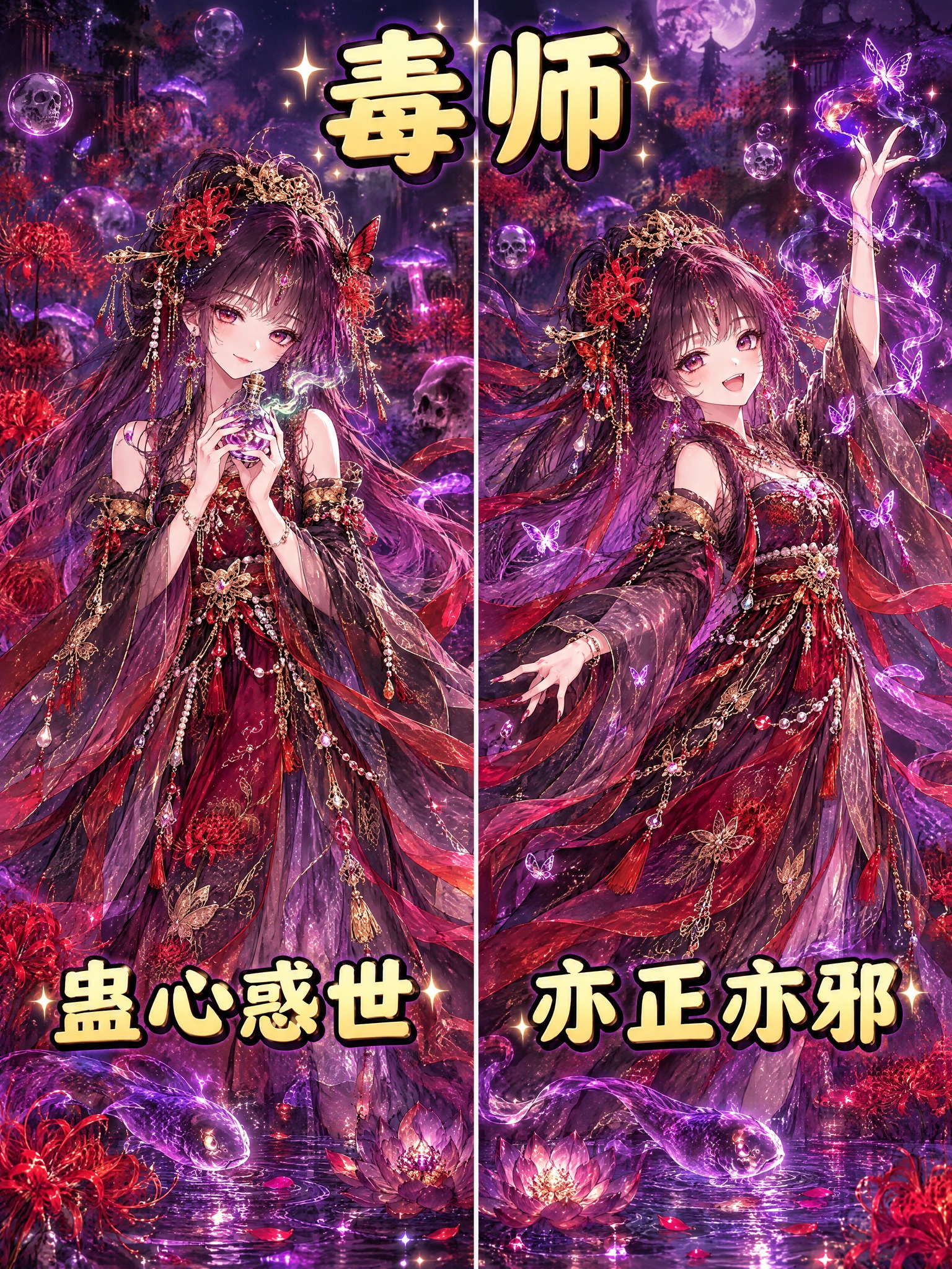 参考图的画风和左右分屏构图，角色替换为毒师蛊心圣女。顶部大标题… - 图片创意预览