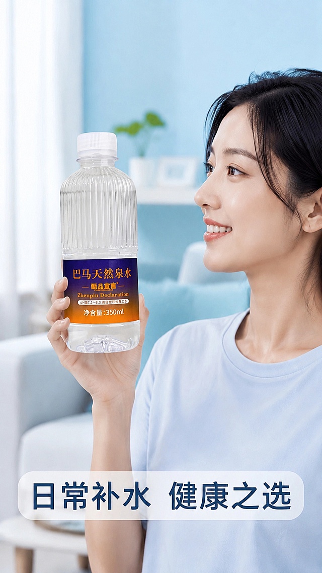 参考图版式骨架，保留构图、人物位置和整体浅蓝清新风格，替换原图瓶子为用户上传的[image1]瓶子，瓶子比例保持不变，保留原图所有其他元素和文字不变。严格100%还原上传商品图的产品外形、包装、LOGO、印刷文字、净含量，完整保留原图中的瓶型、轮廓、结构、比例、瓶盖、标签版式、品牌 logo、文字内容、容量信息、材质质感、颜色与正面朝向，包装、配色、产品结构、瓶身造型与标签布局均与上传图保持一致。画面中所有二维码区域使用纯色方块占位符呈现，方块中央标注"二维码占位"文字，严禁生成任何可识别的二维码图案。画面中所有信息区域、套餐卡片、价格表格、权益列表、对比模块、福利条目、课程大纲、议程、嘉宾介绍区等必须填充完整合理的内容，不得出现空白框、空白占位、横线待填写区域、空列表项、空单元格。画面中所有数字必须精确渲染，不得错位、遗漏或编造。