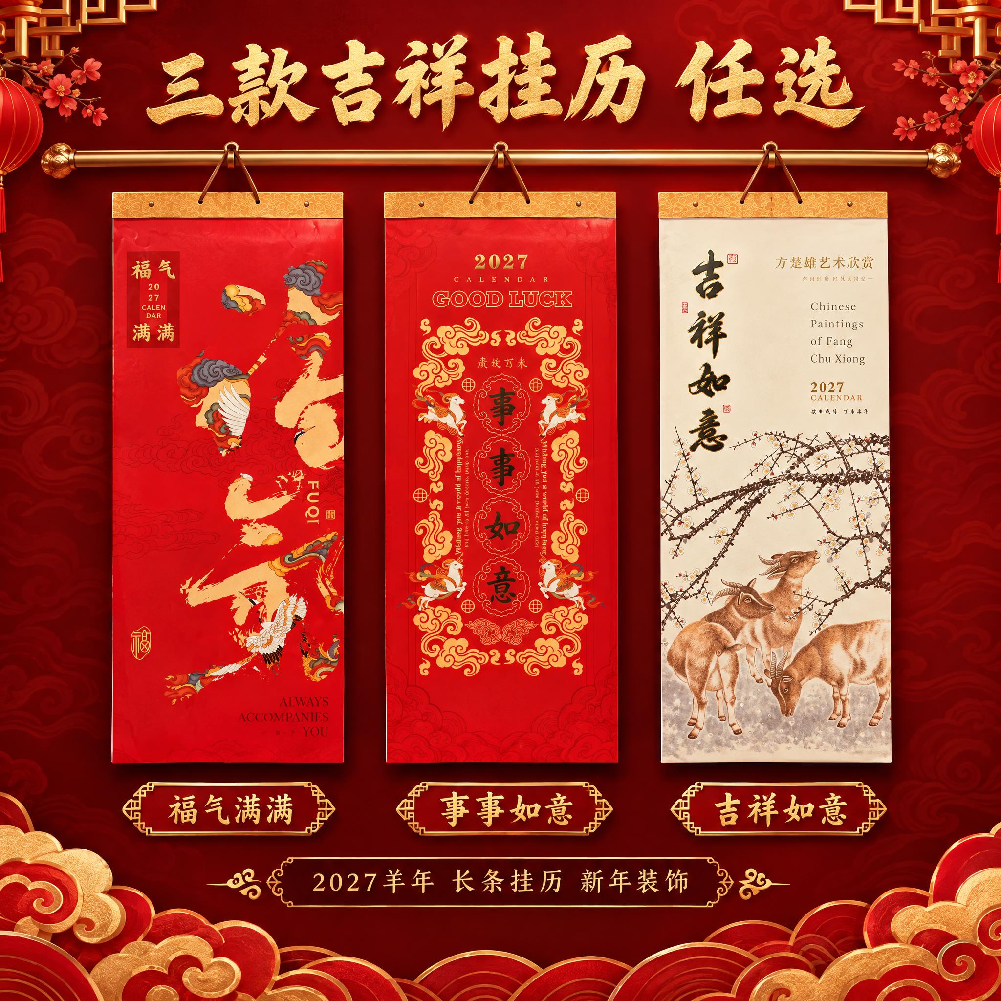 [主图-4] 三款长条挂历组合展示，全家福款式矩阵，高端新年礼… - 图片创意预览
