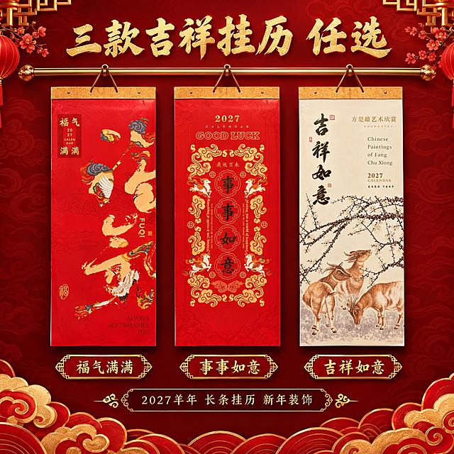 [主图-4] 三款长条挂历组合展示，全家福款式矩阵，高端新年礼品风格。
[统一基调] 淘宝/天猫1:1主图，中国红喜庆国潮风格，高端烫金质感，主色正红色+烫金色，专业品质感，新年礼品氛围。
[画面] 画面展示三款长条挂历并排悬挂陈列，从左到右依次为：福气满满款、事事如意款、吉祥如意国画款。三款挂历高度一致，间距均匀，顶部挂绳悬挂于金色挂杆上，底部在同一水平线上，形成整齐的款式矩阵。挂历正面朝向观众，略微仰视角度，整体占画面70%。背景为渐变深红色+祥云暗纹，顶部有金色装饰横梁，底部有金色云纹装饰。
[光影质感] 商业摄影质感，正面柔光均匀照亮三款挂历，每款烫金图案都有清晰金属光泽，红色封面颜色统一饱和，挂历垂挺有质感，底部有自然投影。
[配色] 主色正红色+烫金色+米白国画款，背景深红渐变祥云纹。
[文字版式] 画面顶部烫金色大字标题"三款吉祥挂历 任选"，每款挂历下方标注金色款式名："福气满满"、"事事如意"、"吉祥如意"。底部金色小字"2027羊年 长条挂历 新年装饰"。
[输出要求] 1:1正方形，2K分辨率，三款挂历清晰完整，款式区分明确。禁止变形、错字、模糊、水印、平台Logo、款式顺序错误。