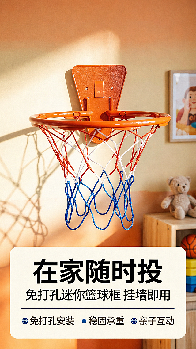[商品] 使用【图1】橙色挂墙式迷你篮球框；保留橙色梯形挂板、橙色圆形篮筐、红白蓝三色编织篮网、卡扣结构、整体比例与材质质感；商品处理：清晰化挂板表面细节，增强篮网编织纹理与篮筐光泽，不改变产品结构与颜色。
[画面] 目标：头图海报，突出产品全貌与居家使用氛围。构图：上下分栏，上半部分产品挂在温馨儿童房墙面居中展示，产品占画面55%，下半部分留白放文案；景别：中景；阅读动线：从上到下；前中后景：前景柔和光影，中景篮球框挂墙，后景虚化儿童房墙面与暖色装饰。
[视觉] 套系策略：风格=活力运动风商业摄影；标题字=粗黑体；正文字=简洁无衬线体；主色=活力橙；背景延展=基于活力橙做深浅层级、同色渐变与暖木色墙面质感；强调色=深海蓝，仅用于小面积图标、引线和标签；标题色=深炭灰；正文色=中暖灰；组件=圆角信息卡、细线引线、运动风图标；光影=左前侧暖柔光，墙面有自然光影。
[文字] 主标题"在家随时投"，副标题"免打孔迷你篮球框 挂墙即用"，3个短卖点：免打孔安装 / 稳固承重 / 亲子互动；文字区位于画面下半部分，横向排版，不遮挡篮筐主体与篮网。
[规格] 图片比例9:16竖版，4K，避免变形、错字、文字过小、冷蓝灰背景、产品颜色改变、结构失真、极限词。