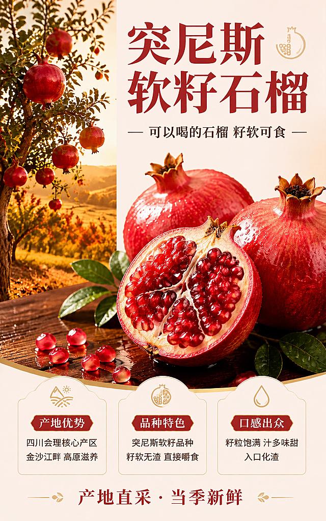 修改这张突尼斯软籽石榴详情页的产地文字：将产地优势栏中的「河南荥阳核心产区 黄河故道 沙土滋养」改为「四川会理核心产区 金沙江畔 高原滋养」。其余所有内容、石榴图片、产地图、配色风格、版式布局均保持与原图完全一致。