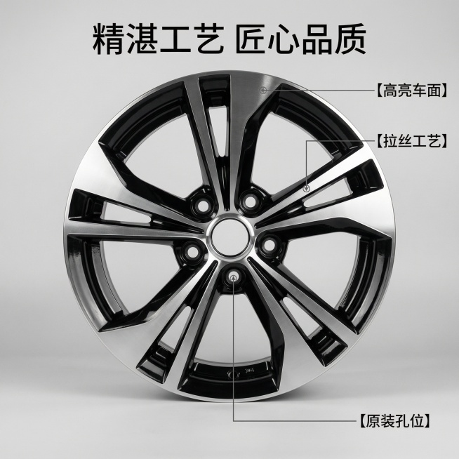 [主图2 核心亮点] 主图主题：高亮车毂高亮拉丝工艺展示。氛围风格：精致工业质感，专业可信。画面元素：保持原图黑银双色轮毂外观造型100%不变，以产品为中心，用极细引线标注核心工艺亮点，突出精准工艺和预览效果