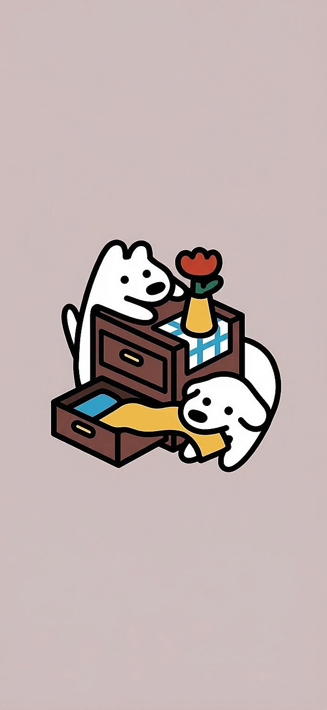 将这张插画的背景修改为粉红色和灰色混合的莫兰迪灰粉色，保持其余所有内容、线条、配色和画风完全不变，保留两只白色小狗、棕色柜子、红色花朵的设计