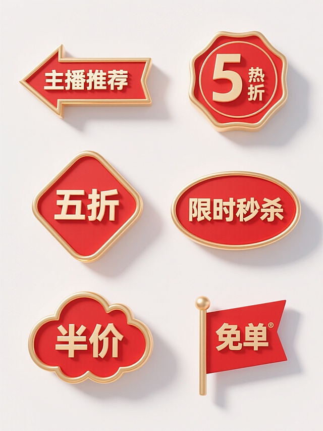 一套6个规整排布的3D风格促销标签素材，每个标签均为红色主体配以金色精致边框和装饰线条，呈现出立体感和光泽质感，包含不同造型样式：“主播推荐”箭头形标签、“热卖”圆形标签、“五折”菱形标签、“限时秒杀”椭圆形标签、“半价”云朵形标签、“免单”旗帜形标签，所有标签均置于纯白色纯色背景上，整体风格统一，视觉层次分明，突出促销信息。