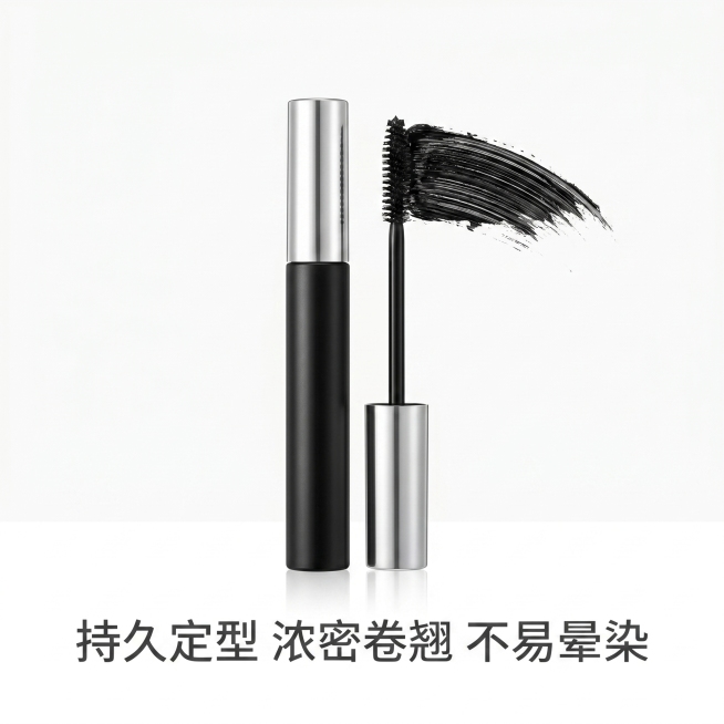 800×800px，高清写实电商商品摄影，展示黑色油性睫毛膏产品，完整展示瓶身和膏体，产品角度端正，色彩真实还原，细节清晰。纯白色背景，光线柔和自然光，无影棚拍质感，简约干净，高级平价美妆风，无夸张特预览效果