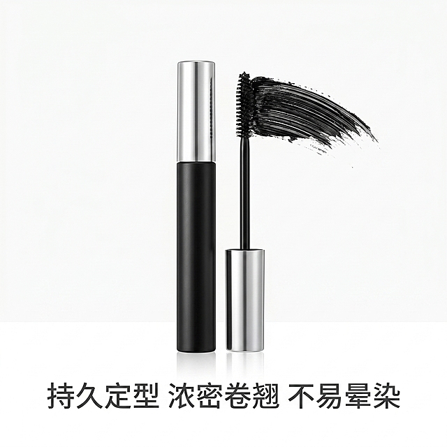 800×800px，高清写实电商商品摄影，展示黑色油性睫毛膏产品，完整展示瓶身和膏体，产品角度端正，色彩真实还原，细节清晰。纯白色背景，光线柔和自然光，无影棚拍质感，简约干净，高级平价美妆风，无夸张特效，无畸形物体，无乱码，无多余杂物，带有中文卖点"持久定型 浓密卷翘 不易晕染"，排版整洁，不遮挡主体，无违规极限词，符合拼多多美妆类目上架要求