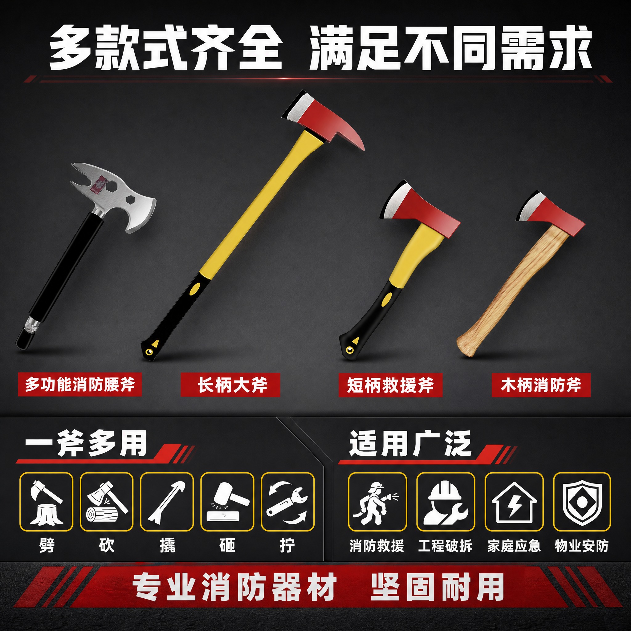 [主图-3] 规格与款式展示图 核心任务是展示四款消防斧多款式… - 图片创意预览