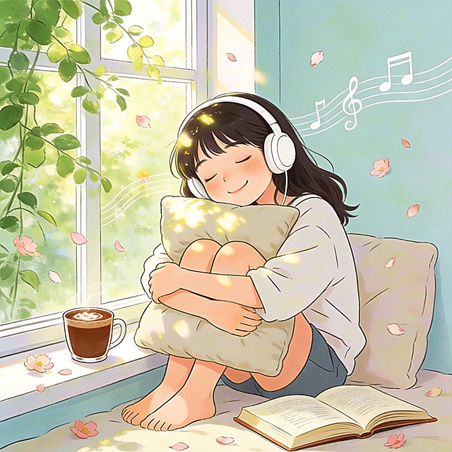 兴趣爱好缓解压力主题手绘插画，展示年轻人聆听音乐培养爱好的轻松场景，传递通过兴趣缓解压力的健康观念，手绘插画风格，轻松愉悦，画面无任何文字