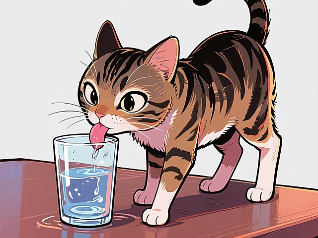 踮着脚尖的小猫咪偷偷凑到主人的水杯边，伸长脖子小心翼翼地舔水，还不忘警惕地东张西望。