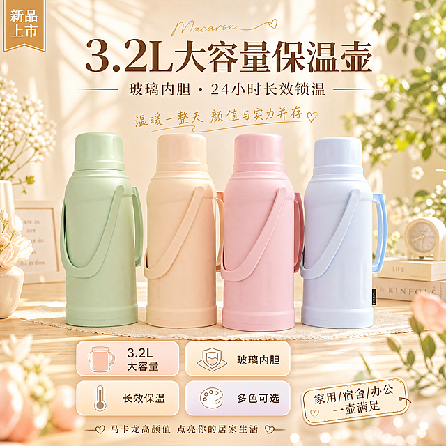 基于上传的4只马卡龙色保温热水壶商品图，制作一张温馨治愈的方形商品宣传海报，正方形1:1比例。

【产品保真】保温热水壶100%还原上传商品图的产品外形、结构、比例、颜色、材质质感、提手与瓶盖造型，以上传图为唯一商品主体来源，完整保留原图中的薄荷绿、奶杏色、樱花粉、天空蓝四款颜色与瓶身造型，产品结构、配色、提手设计均与上传图保持一致；设计仅作用于背景、光影、道具、版式和文字区；商品主体占比约55%，文字不遮挡主体。

【画面构图】四只保温壶并排陈列在画面中下部，呈阶梯式微透视摆放，中间粉色和奶杏色壶略突出为主视觉，左右两侧壶稍小形成层次。背景为温馨的奶油色居家场景，柔和的自然光从侧前方洒入，营造温暖治愈的氛围。背景虚化处理，有轻柔的纱帘光影、绿植叶片光斑点缀，前景有虚化的花瓣或水珠增加层次感。承托台面为浅木色桌面，干净整洁。画面左上角有一个小的"新品上市"角标装饰。

【风格】清新马卡龙色系，温馨治愈居家风，写实商业摄影质感，精致高级，版式精美。整体色调柔和温暖，以奶油白、浅米色为底色，搭配产品的马卡龙四色，点缀少量暖金色装饰元素。

【文案布局】
主标题位于画面上方居中，大号字体醒目："3.2L大容量保温壶"
副标题在主标题下方："玻璃内胆 · 24小时长效锁温"
画面下方分布四个圆角矩形卖点标签，轻渐变底，清晰易读，两排排列：
第一排："3.2L 大容量"  "玻璃内胆"
第二排："长效保温"  "多色可选"
底部有一行宣传语小字："马卡龙高颜值 点亮你的居家生活"
画面右下角有一个小标签："家用/宿舍/办公 一壶满足"

【宣传语】适当添加有感染力的宣传语，激发客户购买欲，如"温暖一整天"、"颜值与实力并存"等短句点缀在画面空白处，字号较小不抢主体。

【数字精确约束】画面中所有数字必须精确渲染，"3.2L"、"24小时"数字准确无误，不得错位、遗漏或编造数字。

【内容填充】画面中所有信息区域、卖点标签、文字区块必须填充完整合理的内容，不得出现空白框、空白占位、横线待填写区域，确保是完整可用的成品海报。

【画质】超高清2K，材质质感细腻，光影柔和自然，产品表面有柔和的高光反射，整体干净通透有质感。