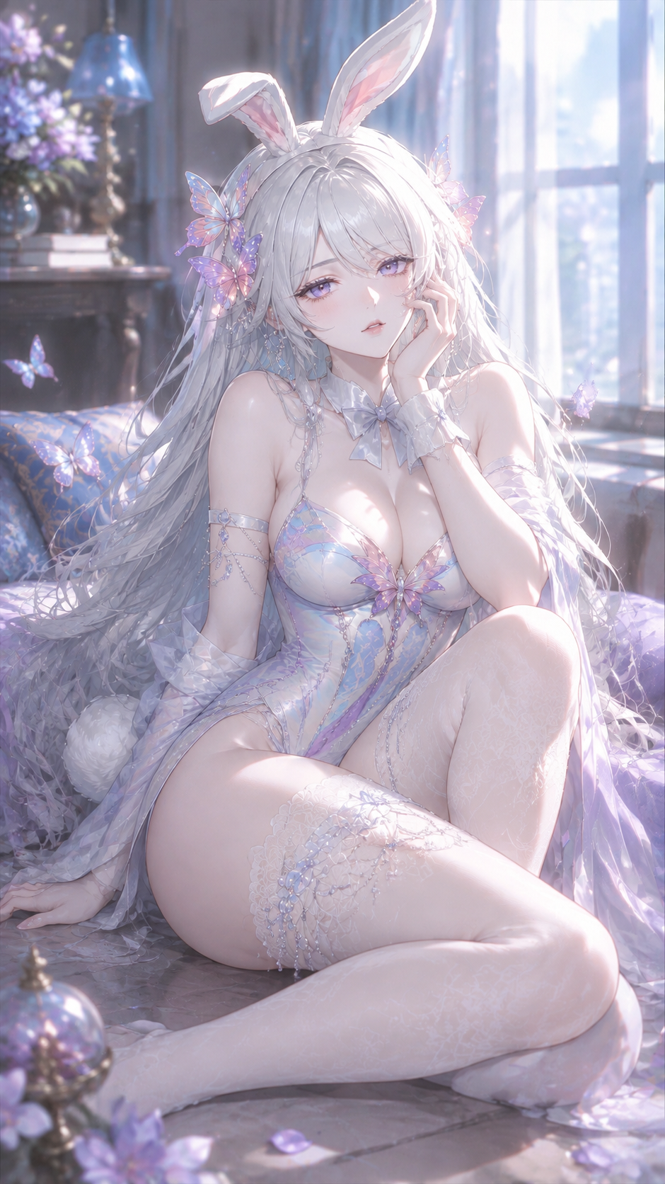 参考图中的银发兔耳少女，保留她的面部特征、银白色长发、兔耳、蝴… - 图片创意预览