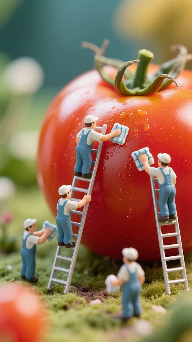 清新卡通风，微缩艺术展现小人清洁巨大番茄，趣味盎然。