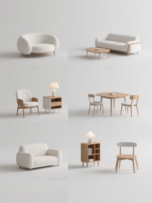 6个规整排布的简约现代风格家具素材，每个素材均以纯白色纯色背景呈现，无任何文字、logo及水印。风格保持3D渲染质感，光影柔和自然，高光与阴影过渡细腻，材质表现真实，主色调为纯净的白色搭配温暖的原木色。每个素材包含不同的现代简约家具单品，如圆润线条的白色布艺沙发搭配木质茶几组合、设计感单椅、简约边柜、创意灯具、北欧风餐桌椅套装、时尚书架等，所有家具造型简洁流畅，注重线条美感与功能性，整体设计干……预览效果