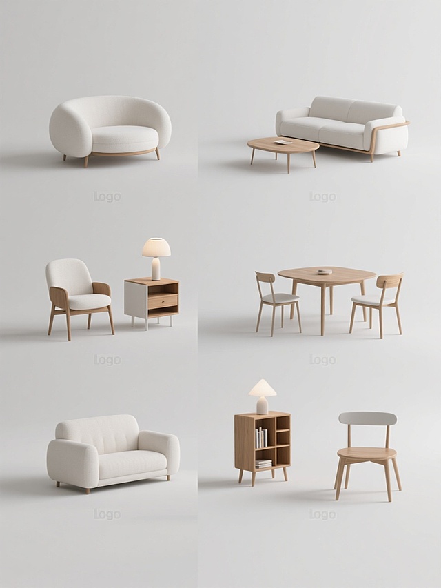 6个规整排布的简约现代风格家具素材，每个素材均以纯白色纯色背景呈现，无任何文字、logo及水印。风格保持3D渲染质感，光影柔和自然，高光与阴影过渡细腻，材质表现真实，主色调为纯净的白色搭配温暖的原木色。每个素材包含不同的现代简约家具单品，如圆润线条的白色布艺沙发搭配木质茶几组合、设计感单椅、简约边柜、创意灯具、北欧风餐桌椅套装、时尚书架等，所有家具造型简洁流畅，注重线条美感与功能性，整体设计干净利落，符合现代家居审美。