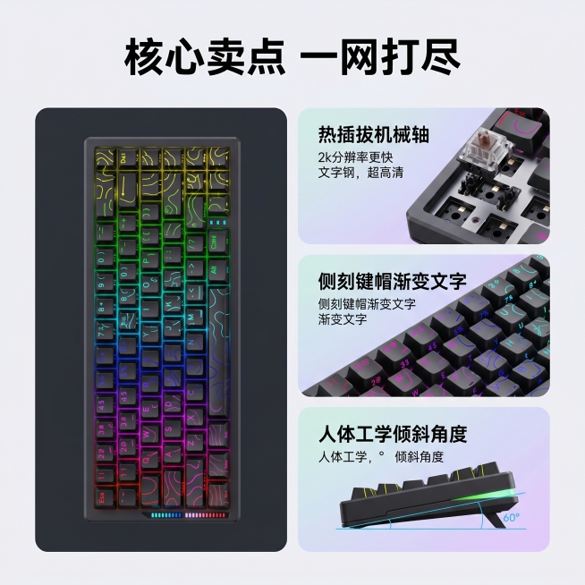 [主图 2] K680有线机械键盘核心卖点细节展示。[氛围风格] 活力感极简拼接色青春风，科技质感。[画质] 商业摄影质感，光线柔和通透，产品清晰真实，画面干净高级。[元素] Bento栅格风格多卡片预览效果