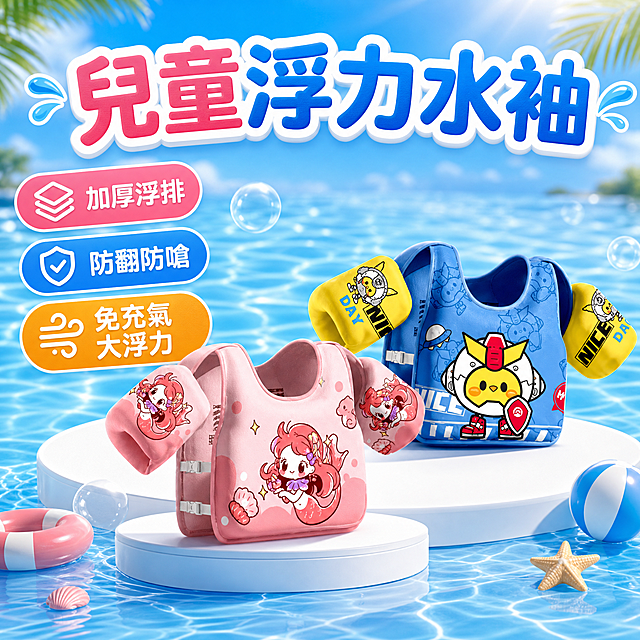 适合台湾虾皮销售的儿童浮力水袖热销商品图，整体风格清新有吸引力，能激发购买欲，画面包含粉色美人鱼款和蓝色卡通款两款浮力水袖，文字信息包含繁体中文标题“兒童浮力水袖”，卖点文字“加厚浮排、防翻防嗆、免充氣大浮力”，所有文字都是繁体中文，图片中不要出现价格，背景为清凉夏日水波场景，展示商品放在圆形展示台上，整体明亮清爽适合电商销售