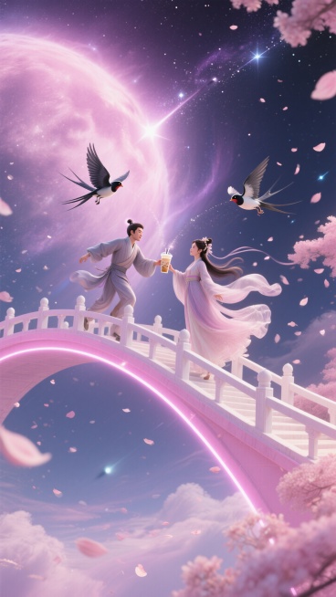 粉紫色星云背景，淡粉色星空，流星划过天空，粉白色桥在半空中，2只喜鹊在桥上飞舞，牛郎织女穿着飘逸的衣服，拿着奶茶从桥上飞下，奶茶在前面霓虹光，花瓣雨预览效果
