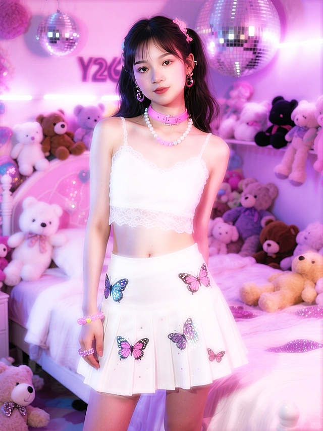 Y2K美学，女孩穿着白色蕾丝边露脐上衣和迷你百褶裙，裙子上有蝴蝶和闪亮亮片图案，戴着粉色choker和塑料串珠手链，背景是布满毛绒玩具和迪斯科球的卧室，梦幻粉色和紫色灯光，俏皮表情。