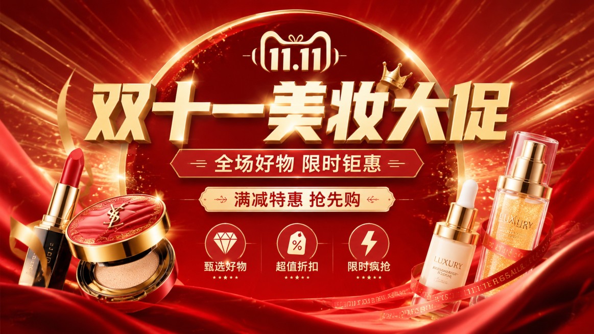 双十一电商美妆大促主KV，高级奢华促销风格，主标题"双十一美妆大促"，副标题"全场好物 限时钜惠"，装饰文案"满减特惠 抢先购"，卖点文字"甄选好物""超值折扣""限时疯抢"，整体采用红金配色，渐变红预览效果